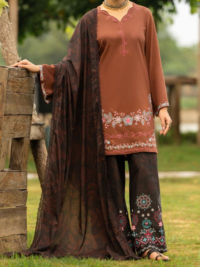 Brown Cambric 3Pc Stitched