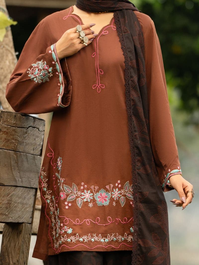 Brown Cambric 3Pc Stitched