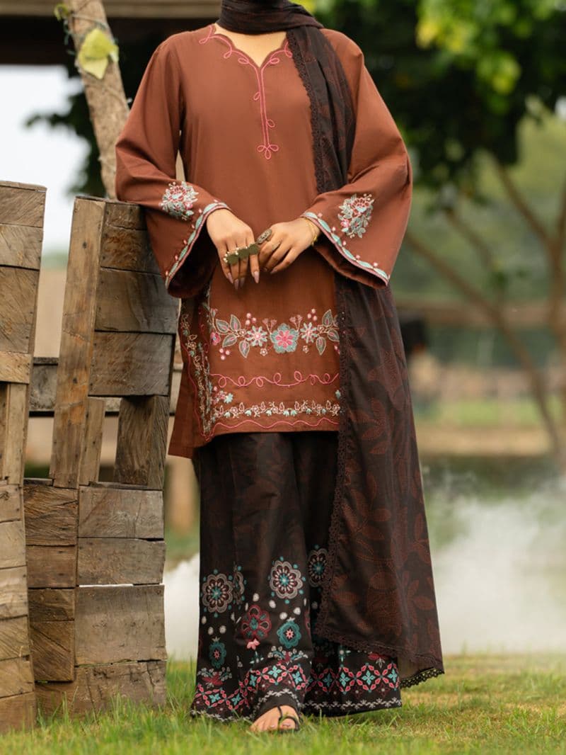 Brown Cambric 3Pc Stitched