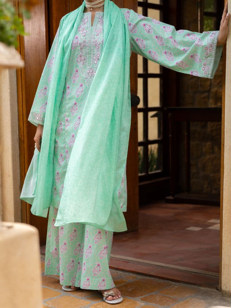 Light Green Cambric Stitched 3Pc- ALP-3PS-2579