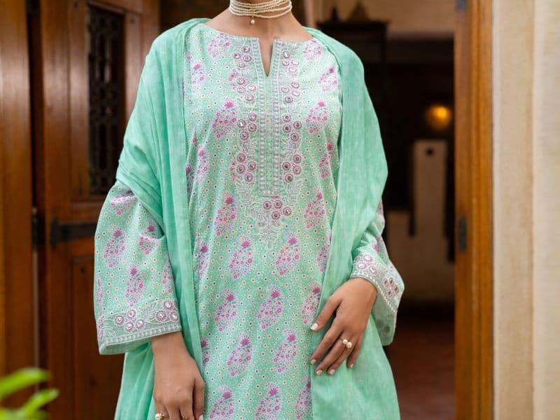 Light Green Cambric Stitched 3Pc- ALP-3PS-2579