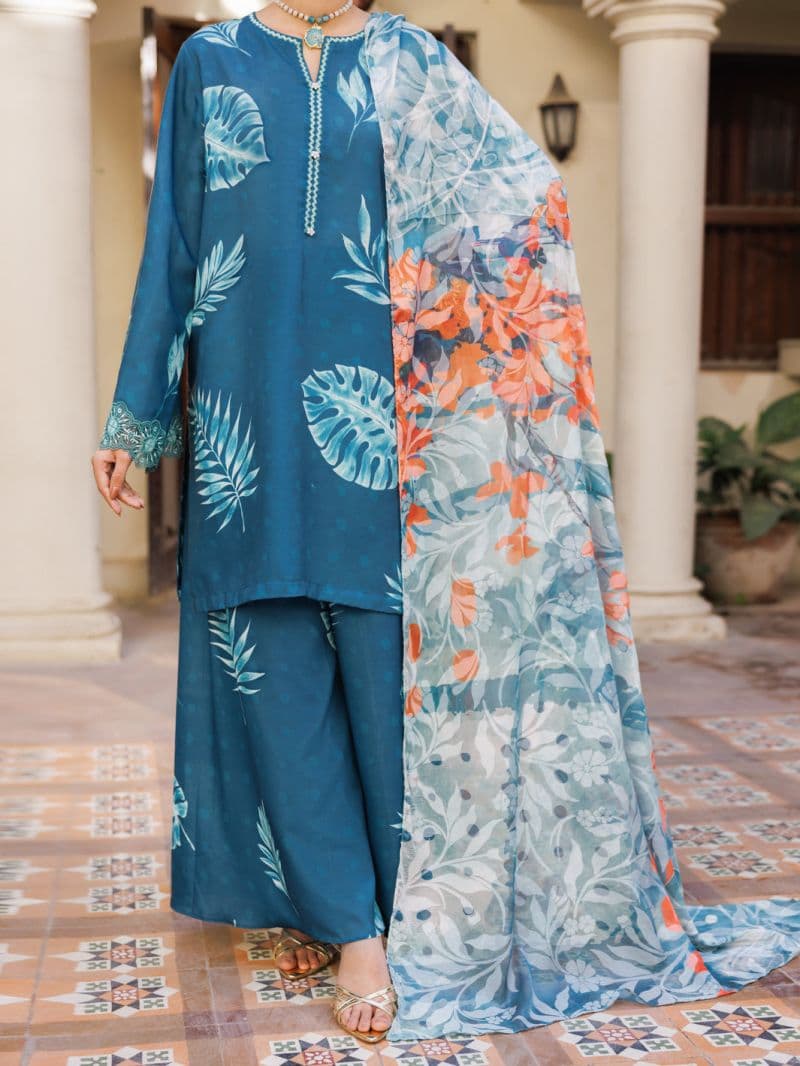 Teal Silk Lawn Stitched 3Pc- ALP-3PS-2603