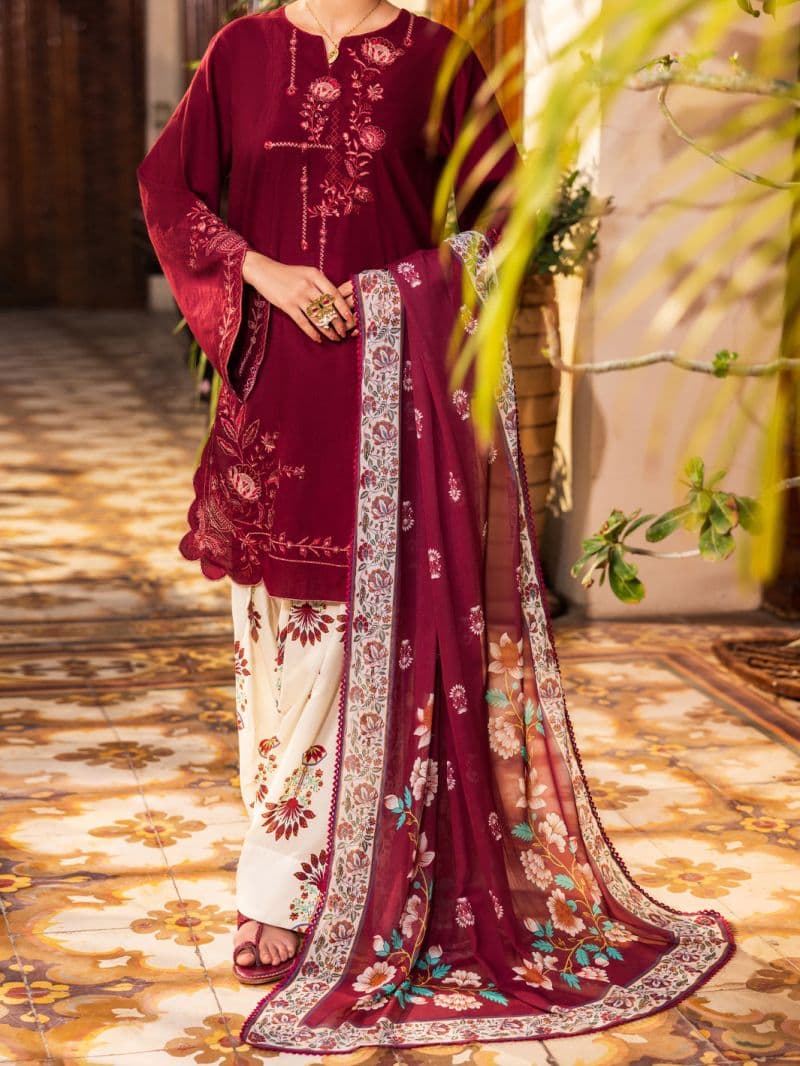 Maroon Cambric Stitched 3Pc