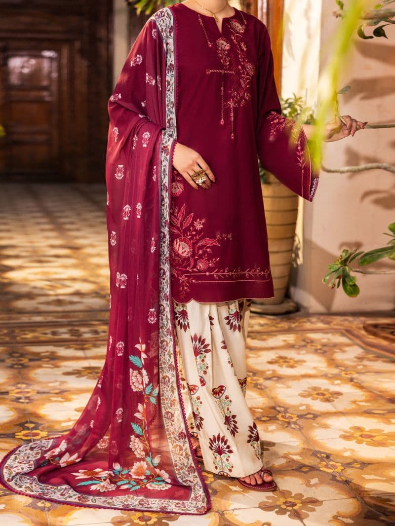 Maroon Cambric Stitched 3Pc