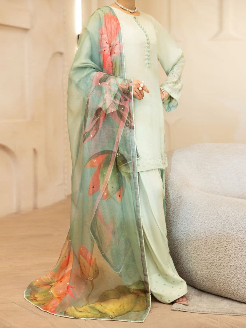 Light Green Viscose Sheesha Silk Stitched 3PC thumbnail