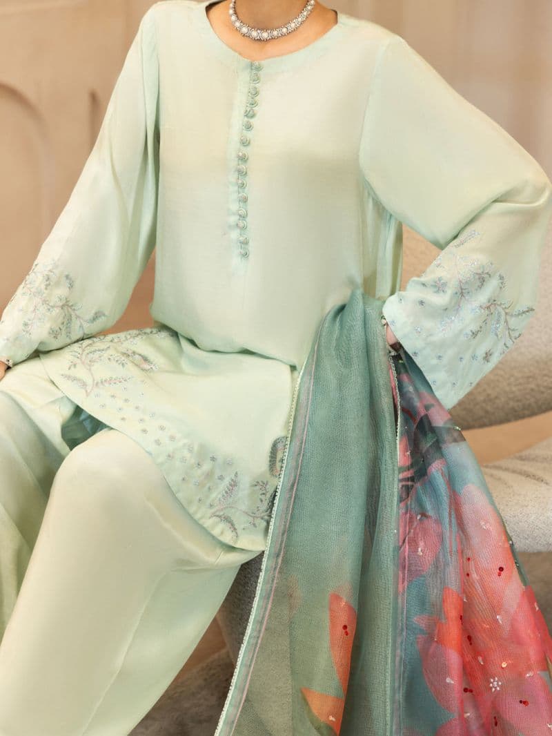 Light Green Viscose Sheesha Silk Stitched 3PC thumbnail
