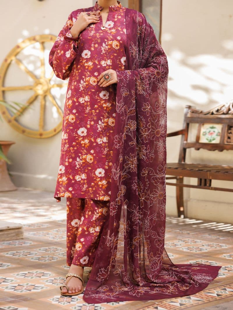 Maroon Lawn Stitched 3Pc