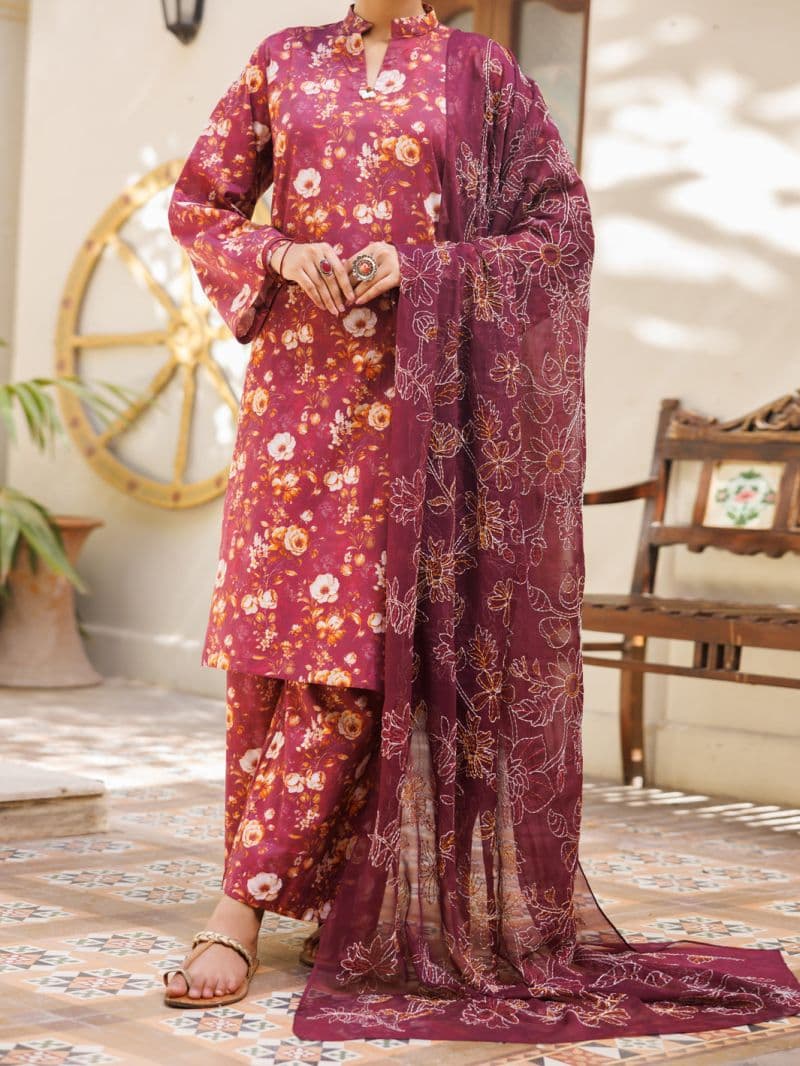 Maroon Lawn Stitched 3Pc