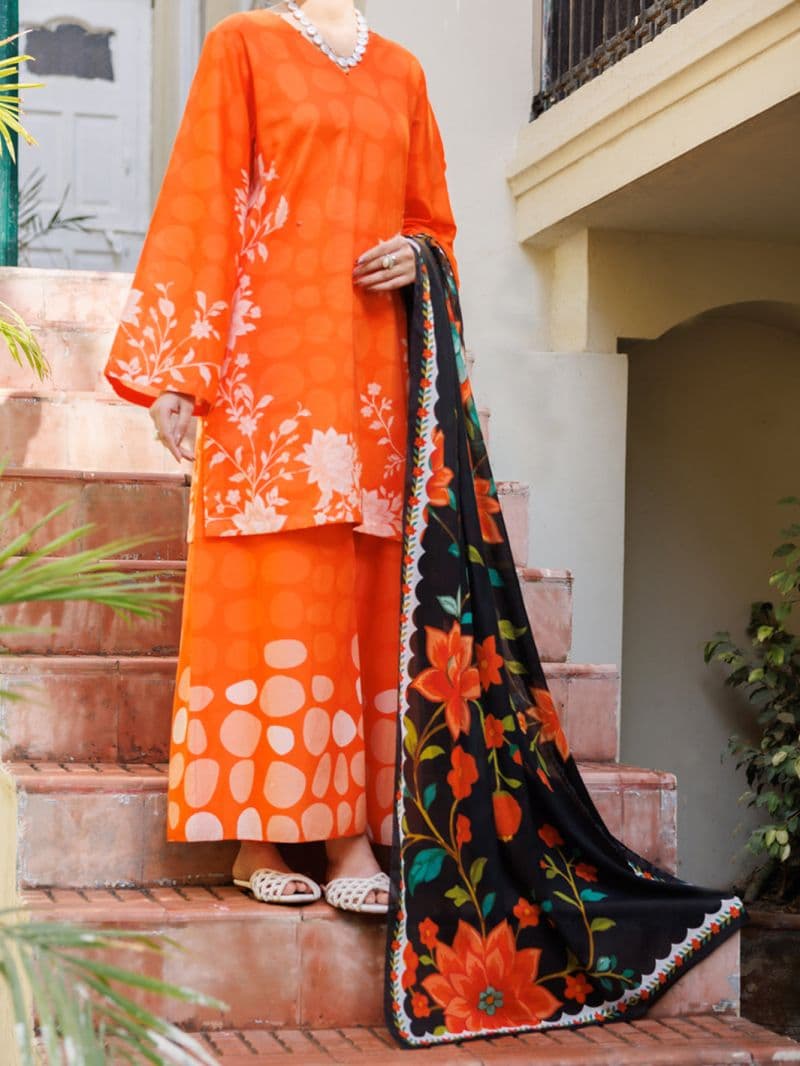 Orange Lawn Stitched 3Pc