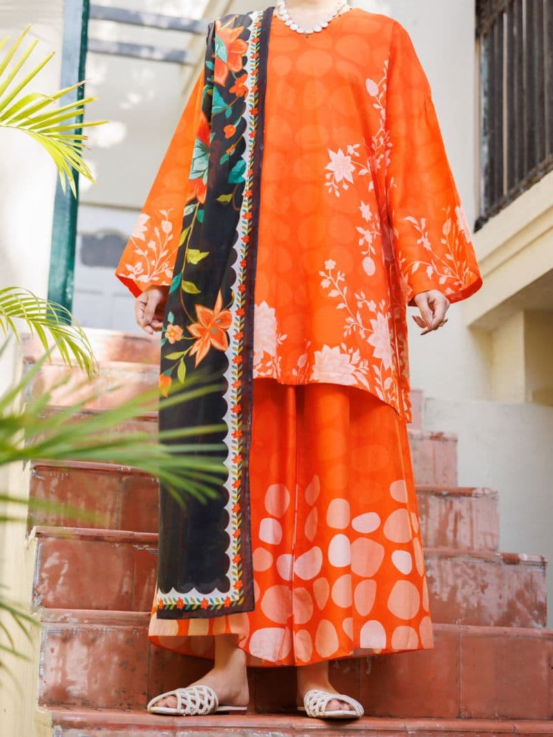Orange Lawn Stitched 3Pc