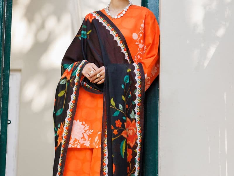 Orange Lawn Stitched 3Pc