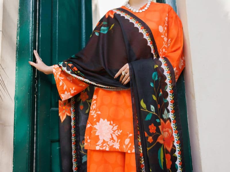 Orange Lawn Stitched 3Pc