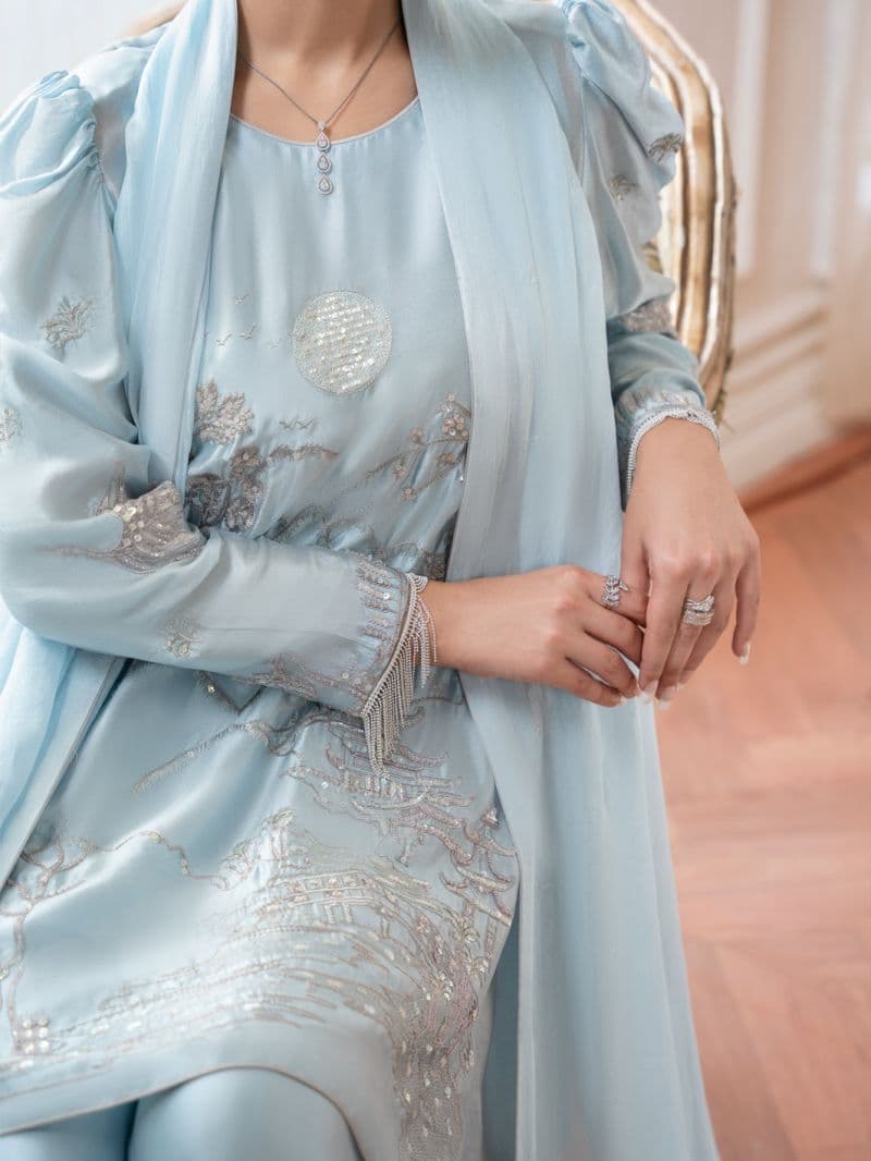 Sea Blue Sheesha Silk Formal Stitched 3Pc
