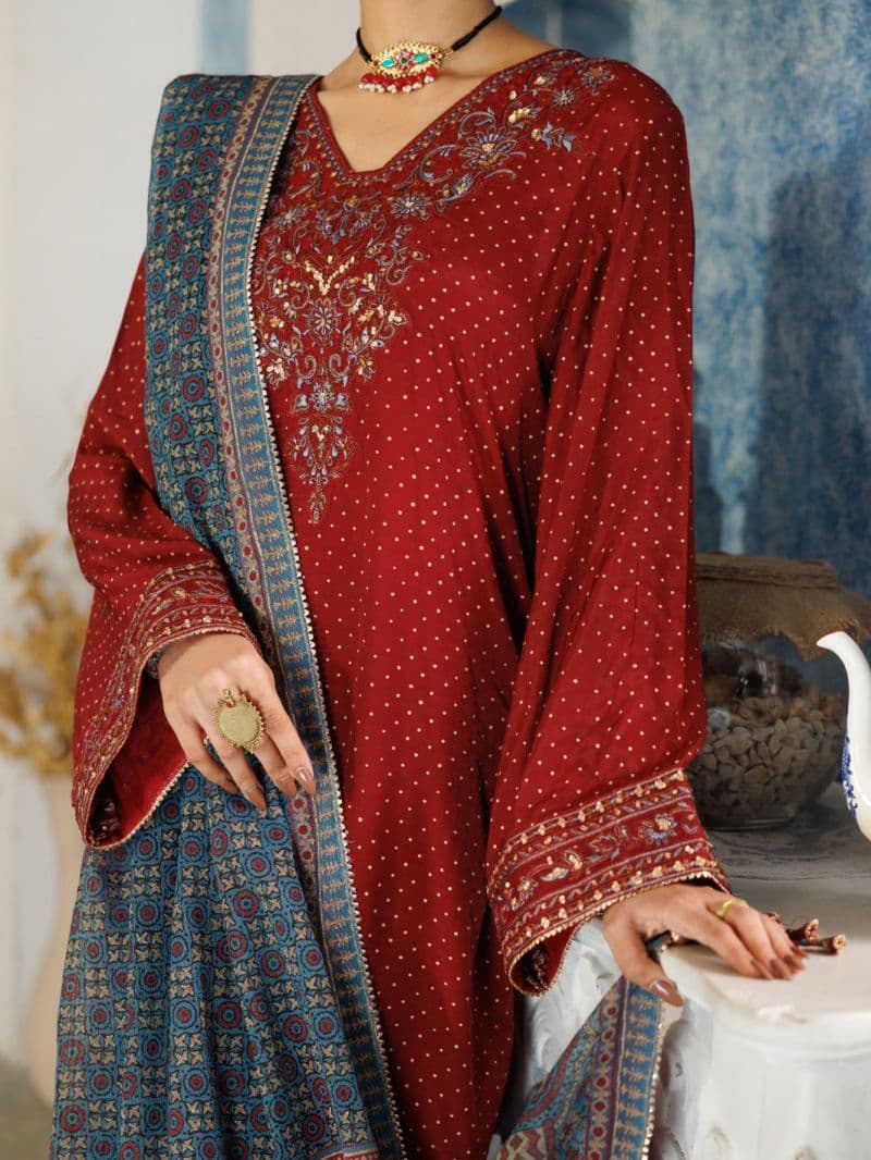 Maroon Thai Silk Stitched 3Pc thumbnail