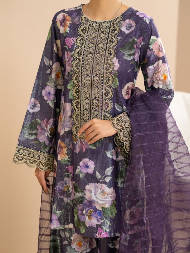 Purple Lurex Cotton Stitched 3Pc thumbnail