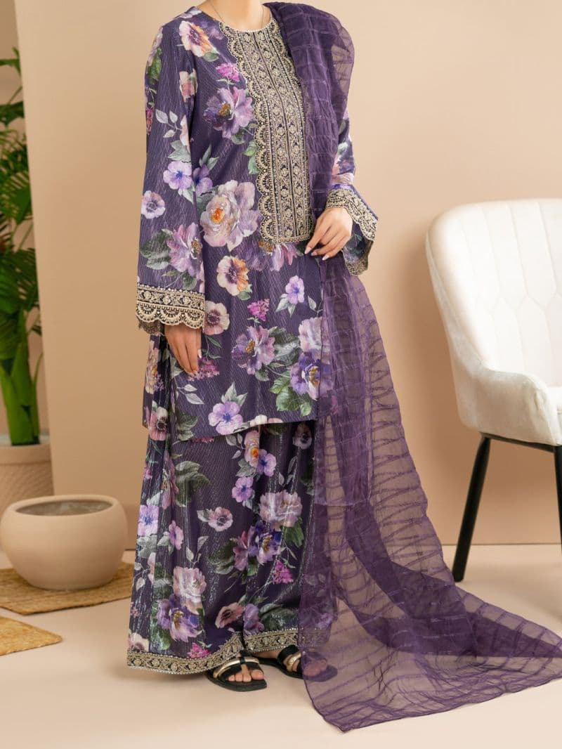 Purple Lurex Cotton Stitched 3Pc thumbnail