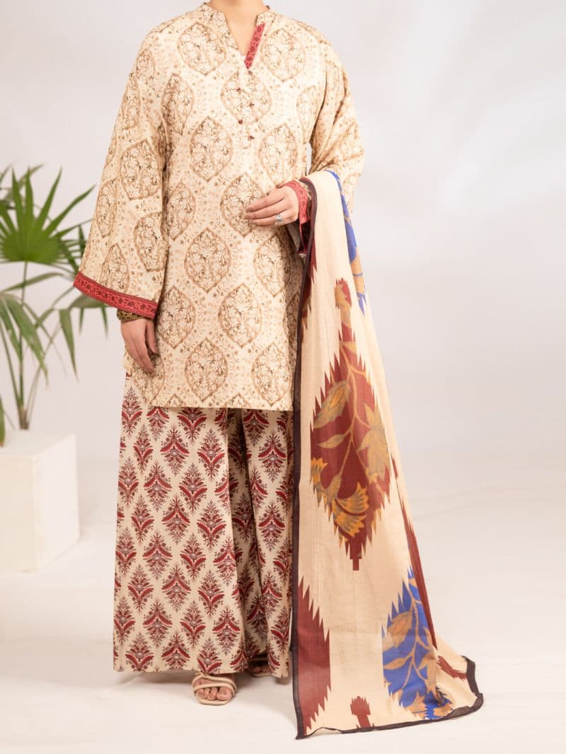 Beige Lawn 3Pc Stitched