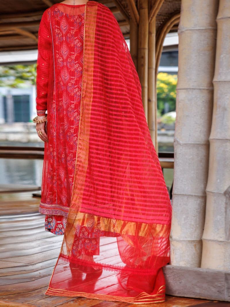 Red Stripe Organza 3 Piece Stitched
