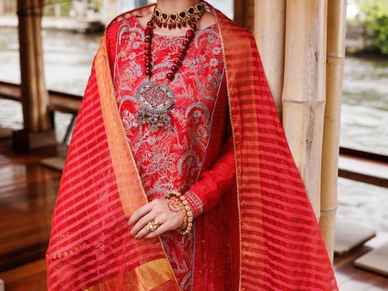 Red Stripe Organza 3 Piece Stitched