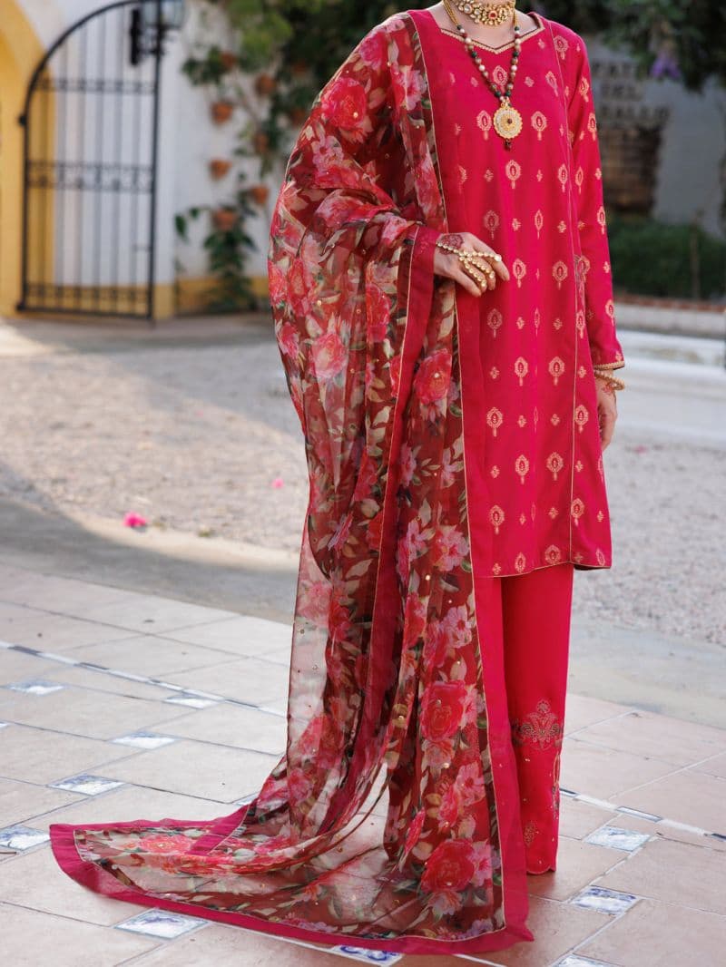 Pink Viscose Jacquard 3 Piece Stitched