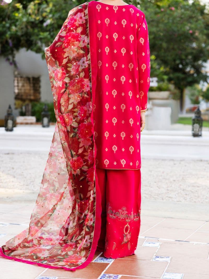 Pink Viscose Jacquard 3 Piece Stitched