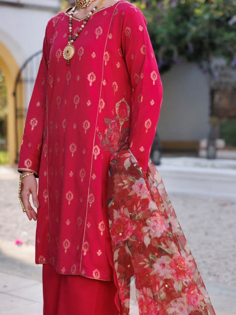 Pink Viscose Jacquard 3 Piece Stitched