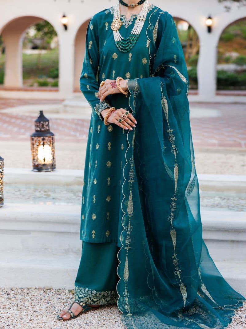 Green Viscose Jacquard 3 Piece Stitched
