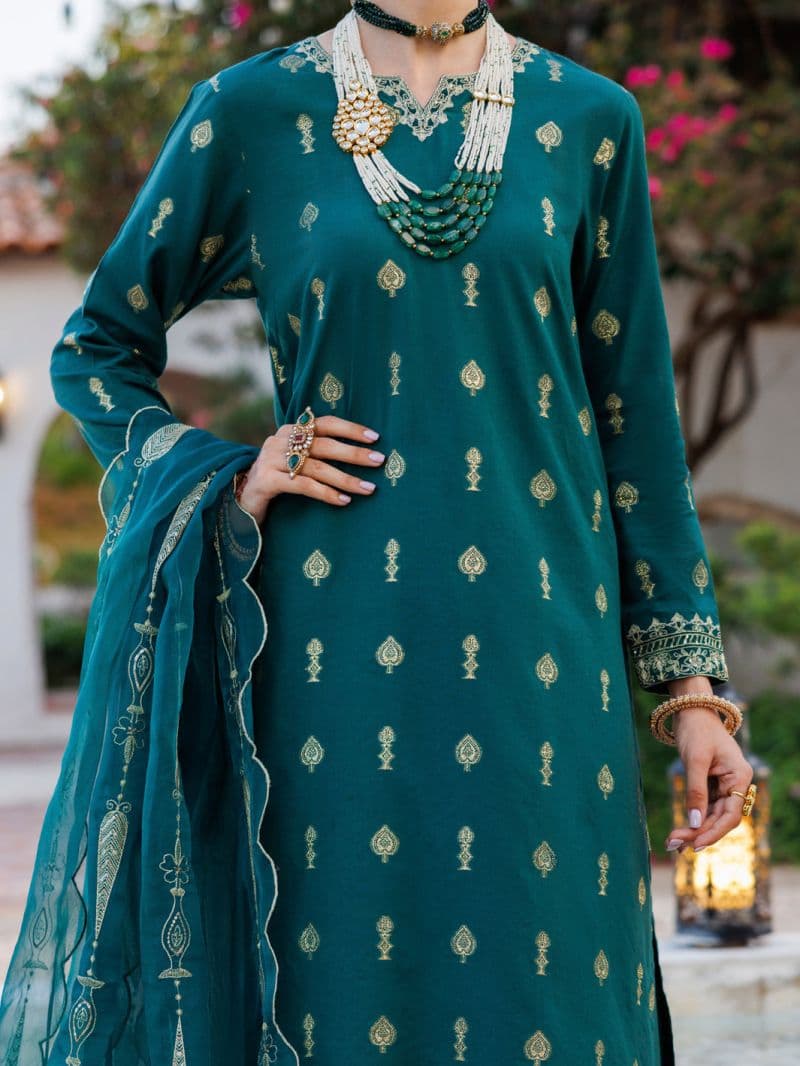 Green Viscose Jacquard 3 Piece Stitched