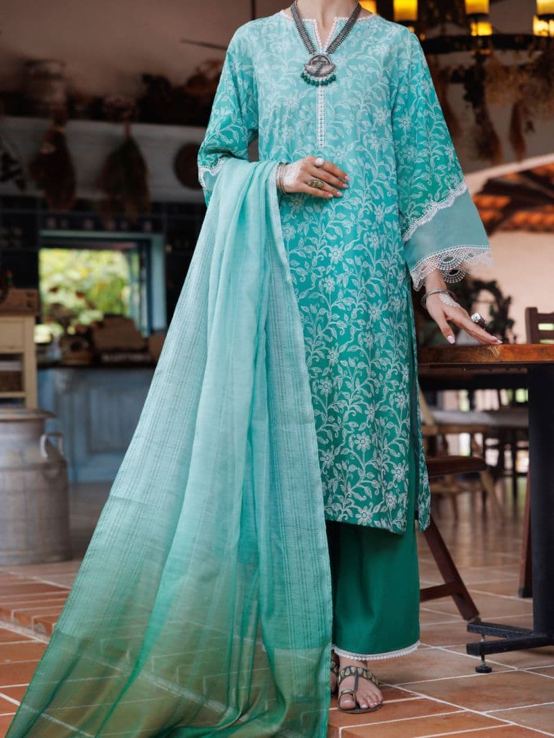 Green Cambric 3 Piece Stitched