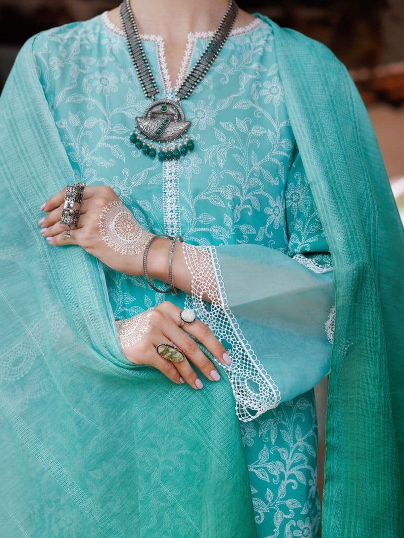 Green Cambric 3 Piece Stitched