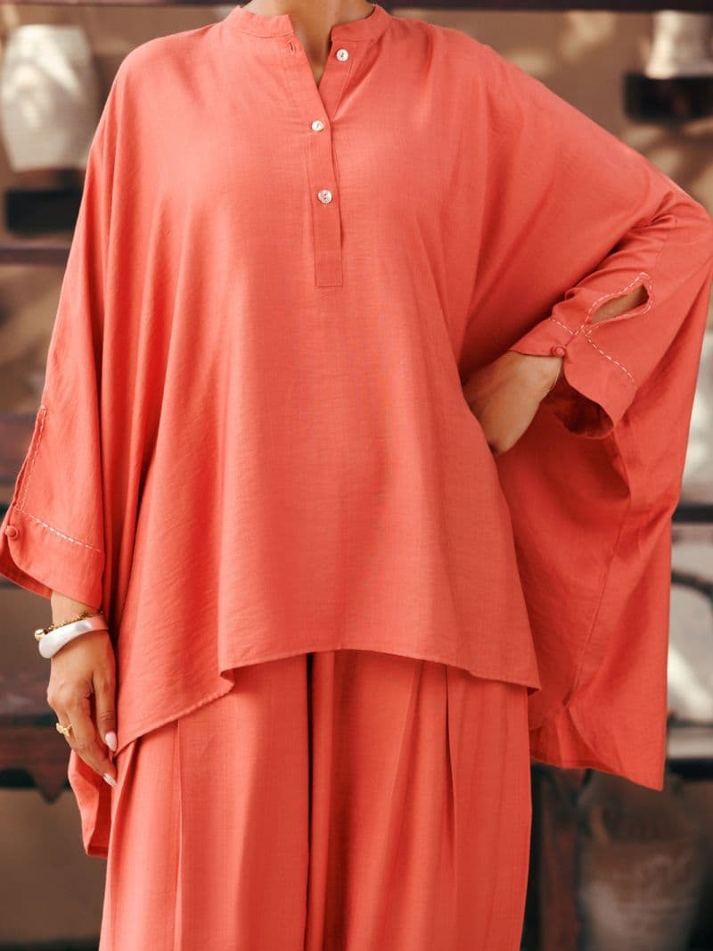 Peach Poly Slub 2Pc Stitched