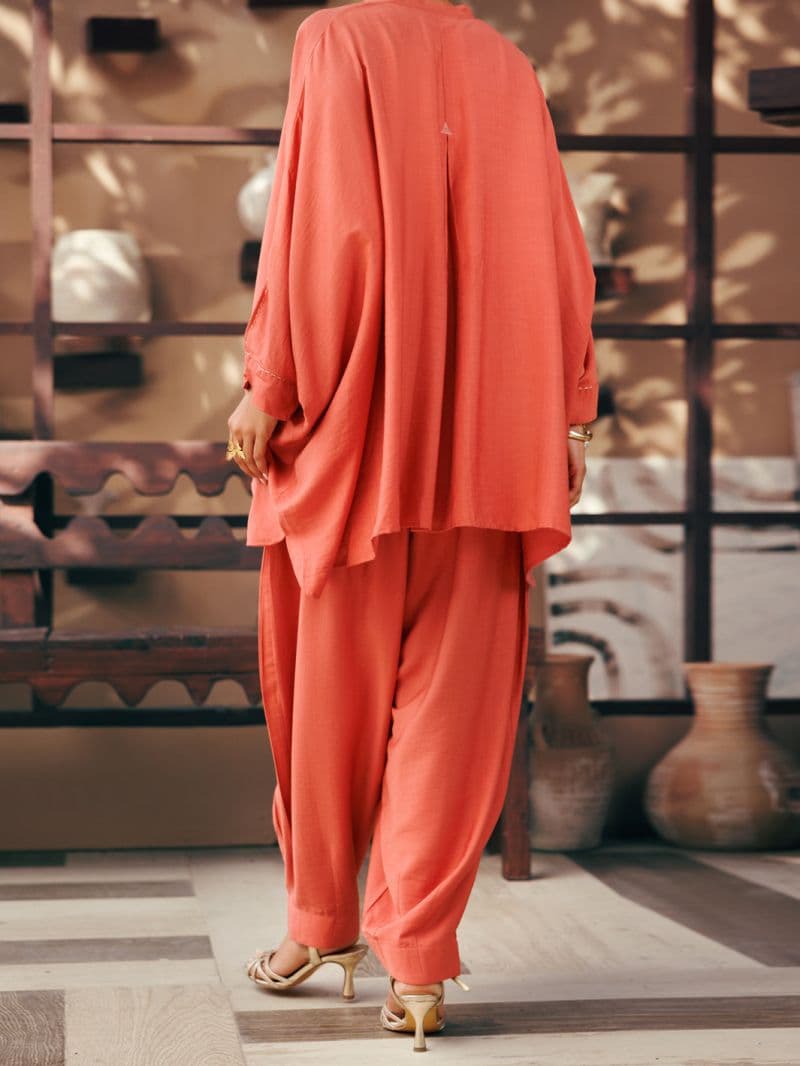 Peach Poly Slub 2Pc Stitched