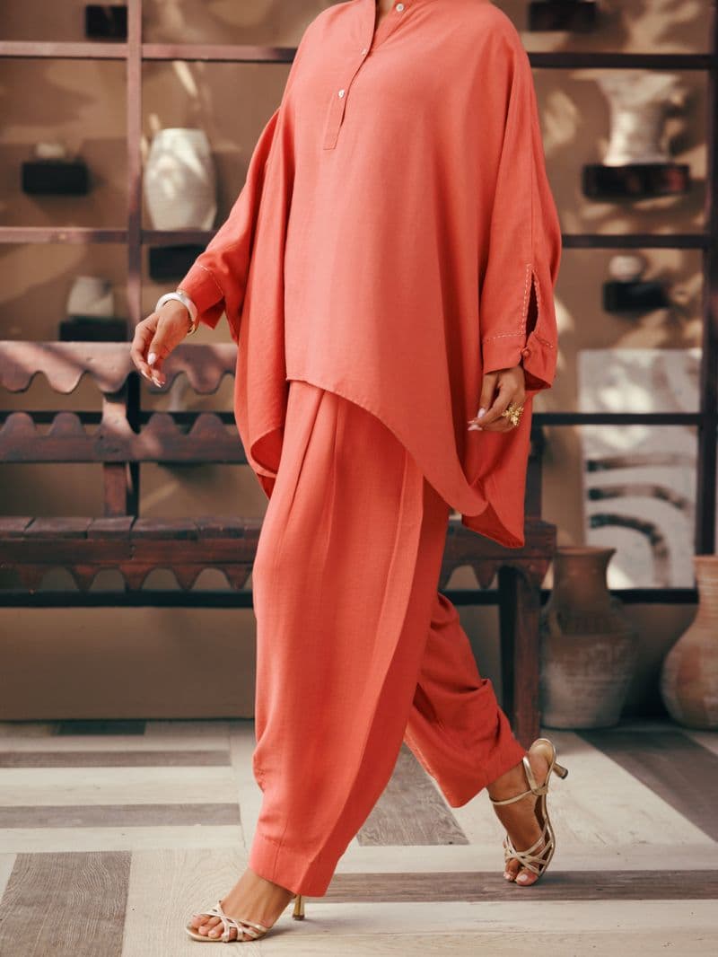 Peach Poly Slub 2Pc Stitched