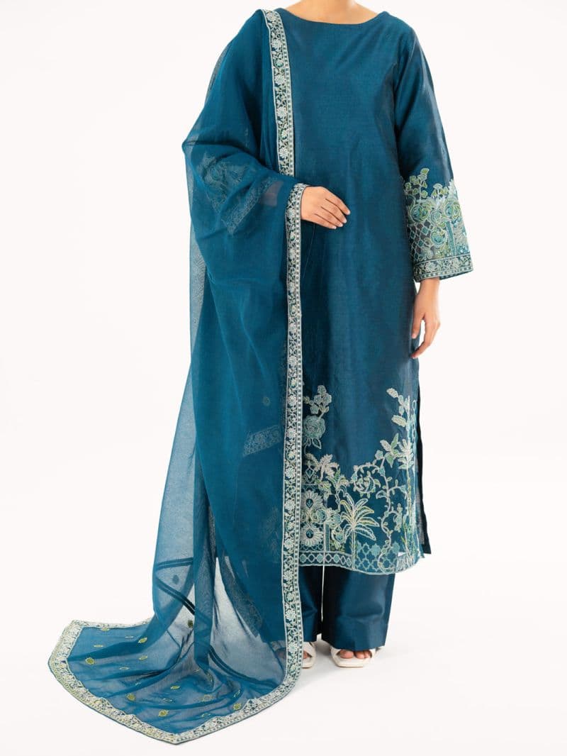 Turquoise Self-Jacquard Silk Formal 3Pc Stitched thumbnail