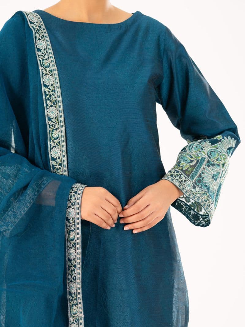 Turquoise Self-Jacquard Silk Formal 3Pc Stitched thumbnail