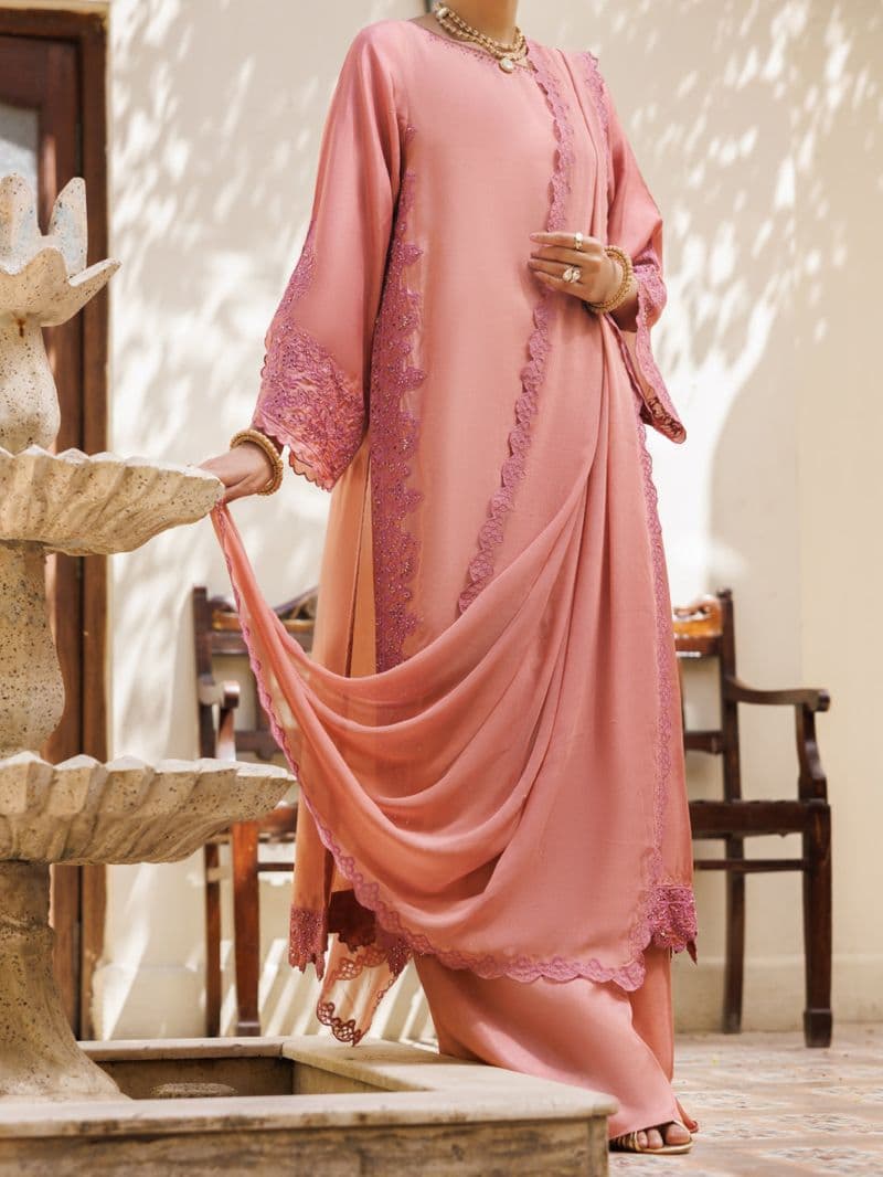 Tea Pink Taffeta Silk Formal 3Pc Stitched thumbnail