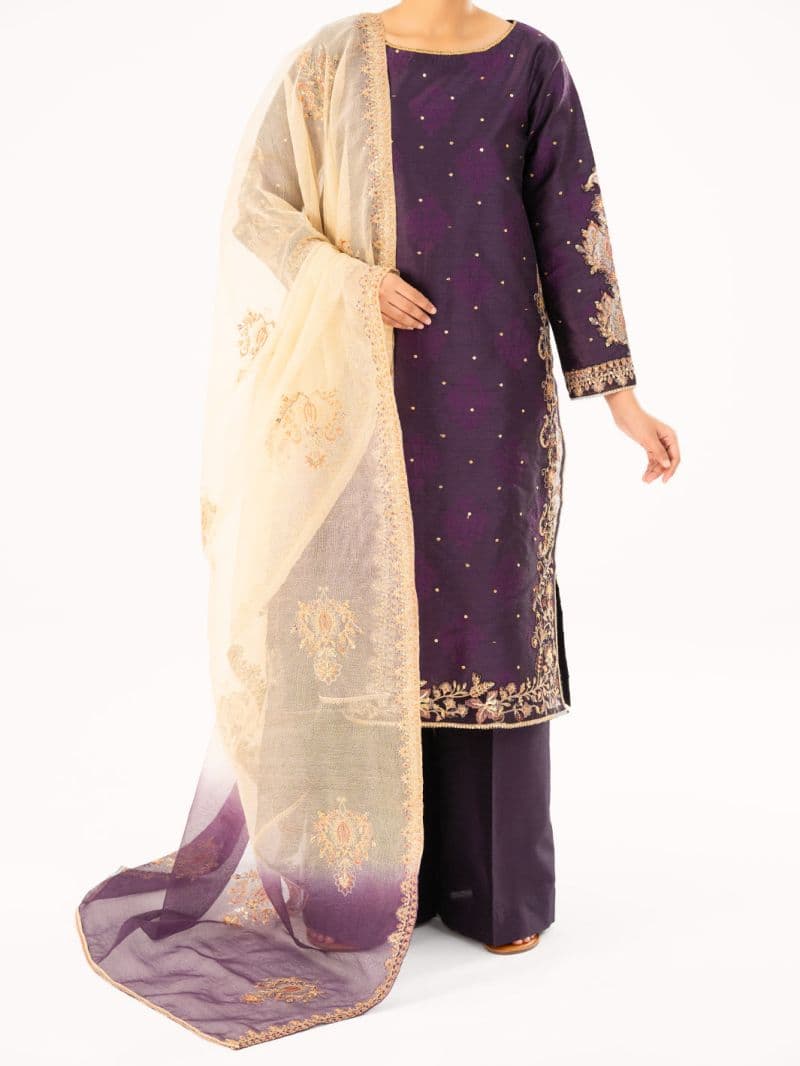 Purple Self-Jacquard Silk Formal 3Pc Stitched