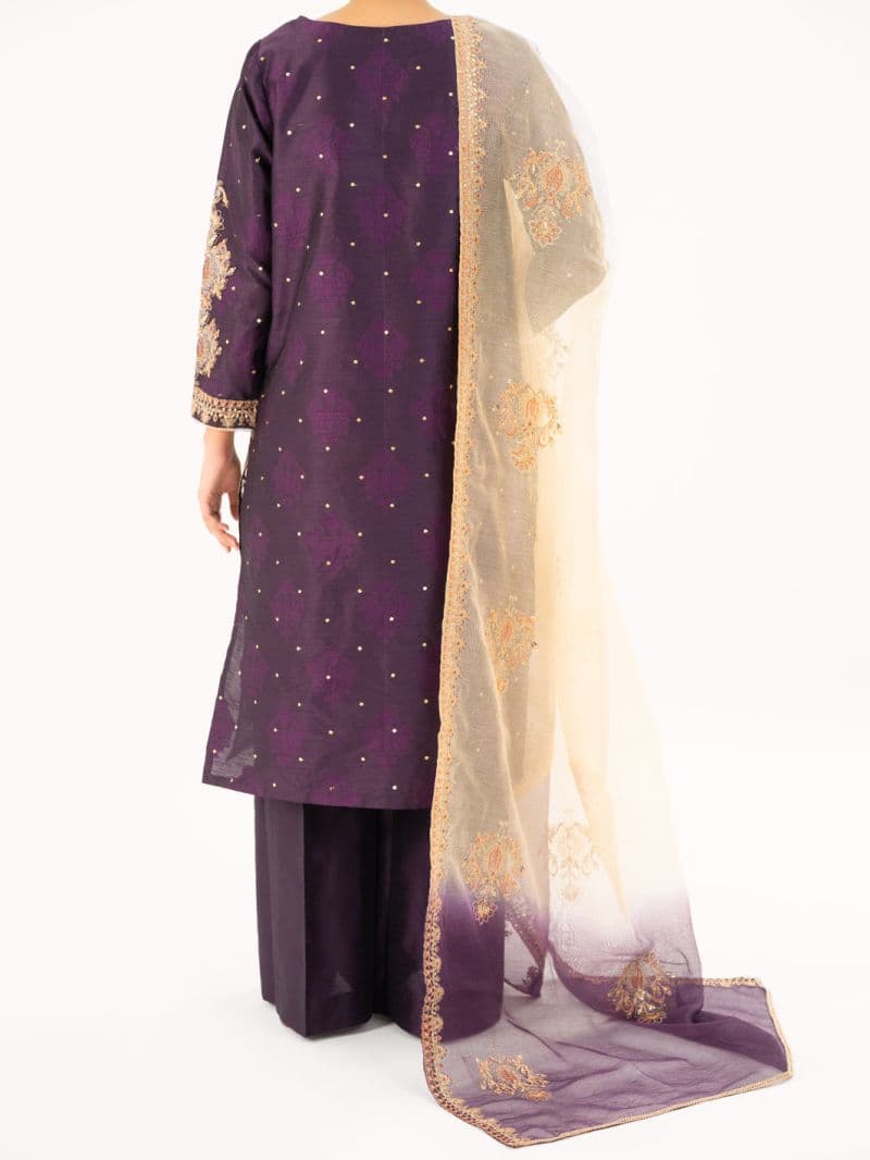Purple Self-Jacquard Silk Formal 3Pc Stitched