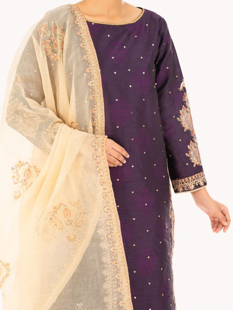 Purple Self-Jacquard Silk Formal 3Pc Stitched
