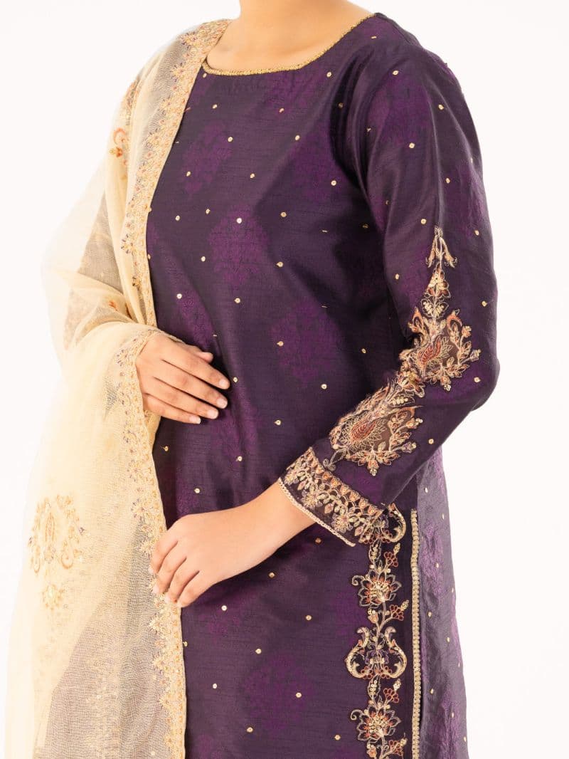 Purple Self-Jacquard Silk Formal 3Pc Stitched