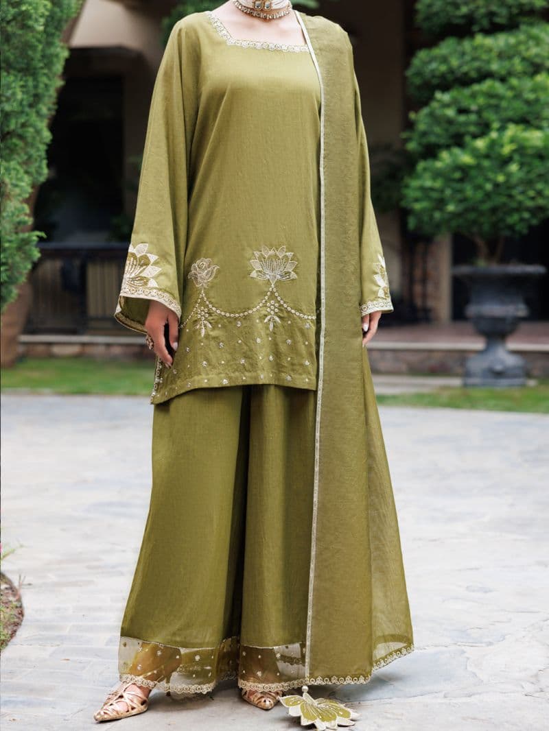 Olive Flamint Zari Formal 3Pc Stitched