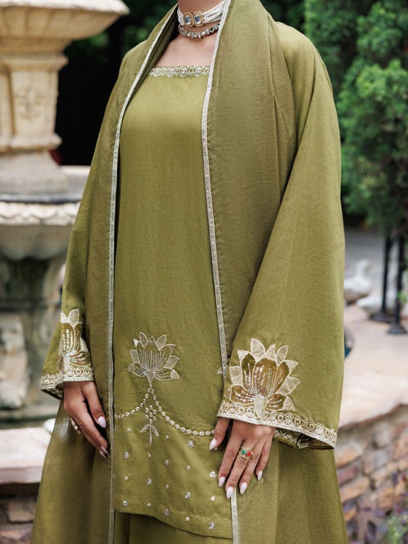 Olive Flamint Zari Formal 3Pc Stitched