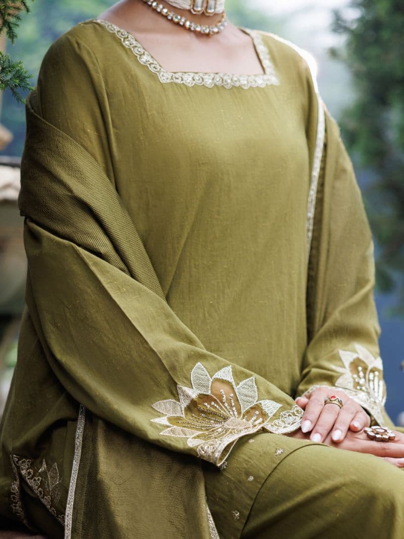 Olive Flamint Zari Formal 3Pc Stitched