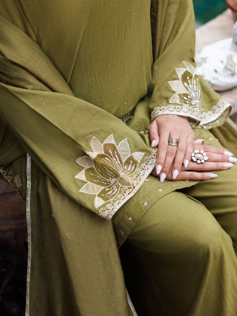 Olive Flamint Zari Formal 3Pc Stitched