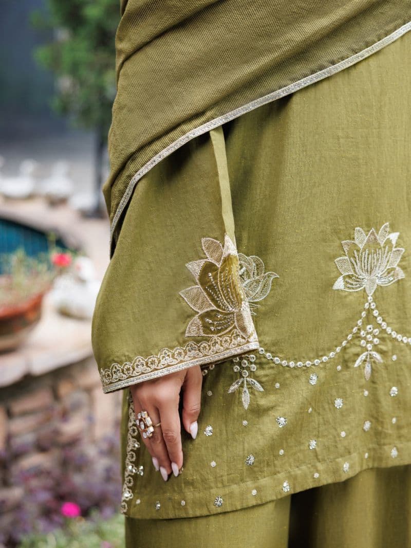 Olive Flamint Zari Formal 3Pc Stitched
