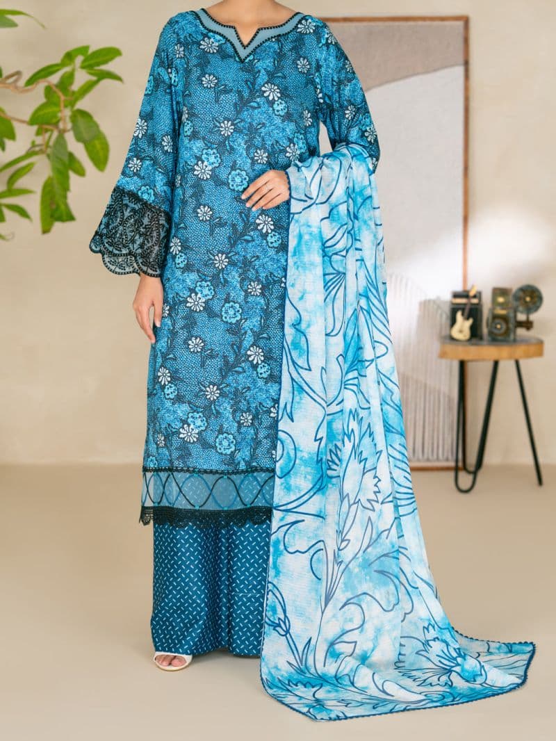 Blue Swiss Jacquard Unstitched 3PC