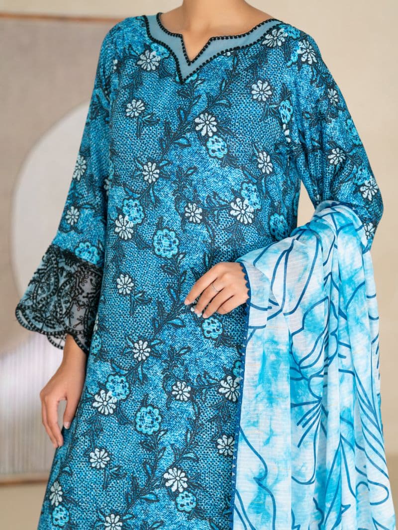 Blue Swiss Jacquard Unstitched 3PC