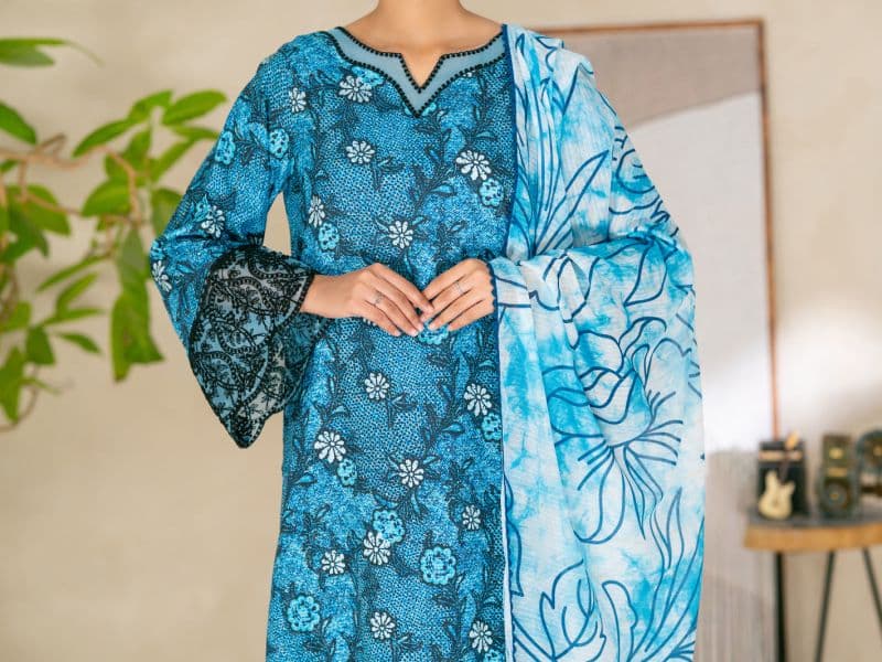 Blue Swiss Jacquard Unstitched 3PC