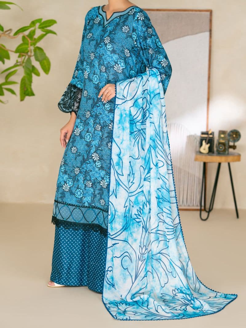 Blue Swiss Jacquard Unstitched 3PC