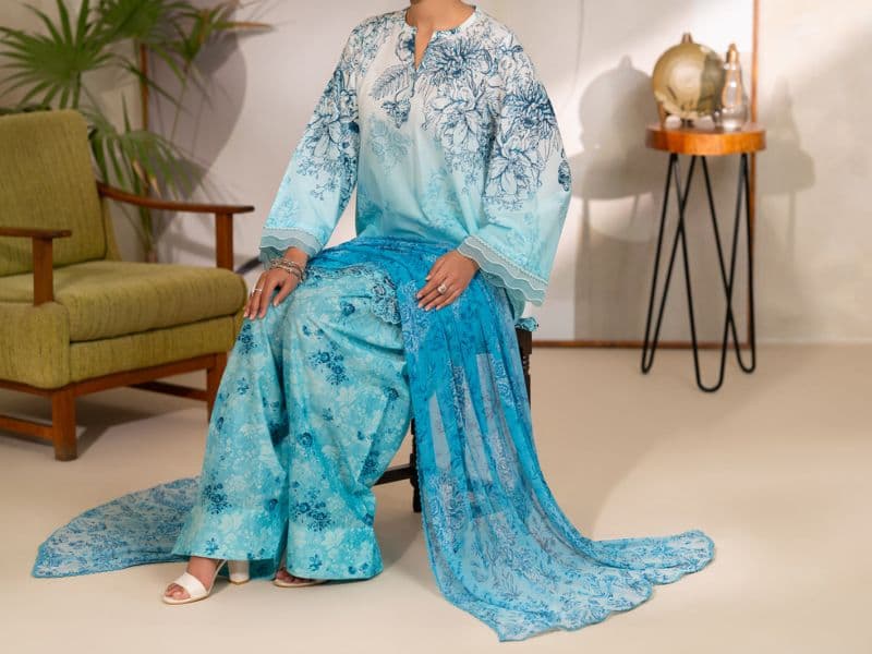 Blue Swiss Jacquard Unstitched 3PC